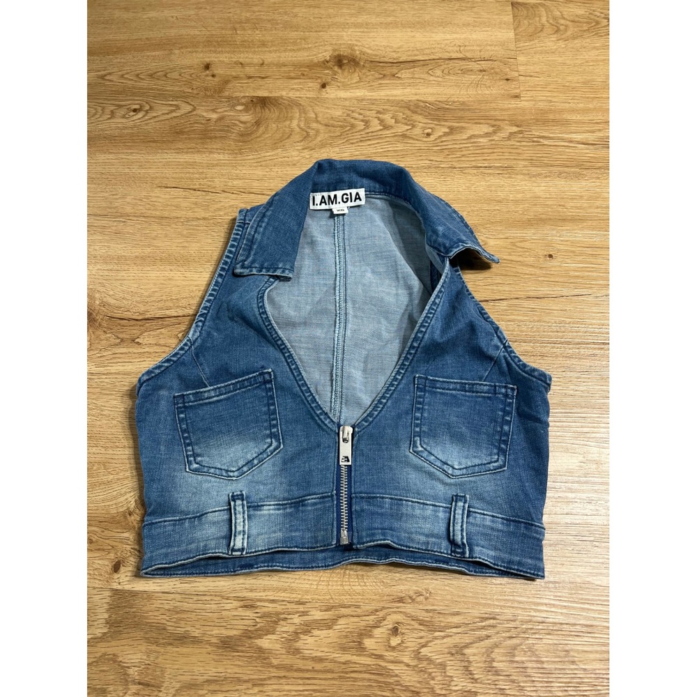 I.AM.GIA Denim Vest Top Women's XS Blue Cropped Zip Front Y2K